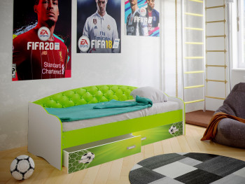 Кровать Софа-8 с мягкой спинкой фотопечать Футбол (900х2000) Белый/Лайм в Верх-Туле - verh-tula.mebel54.com | фото